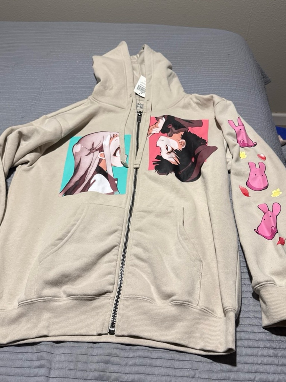 Hot Topic Beige  Zip-Up Hoodie with Pink Bunny Sleeve